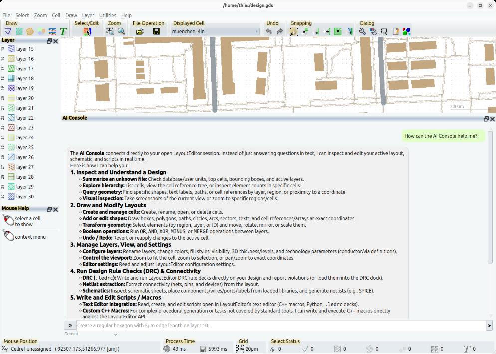 The AI Console along the bottom of the window, answering a question while the design stays open
